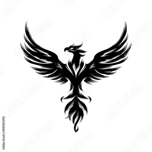 Black phoenix rising symbol with extended wings against a white background