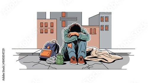 Homeless people living on city streets illustrated in modern flat vector style, highlighting social inequality, ideal for charity, social research, and awareness projects