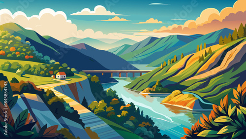 Very beautiful view of rolling mountains and the Potomac River at Harpers Ferry, West Virginia, peaceful water curves, layered hills, and harmonious natural scenery rendered in refined vector style.