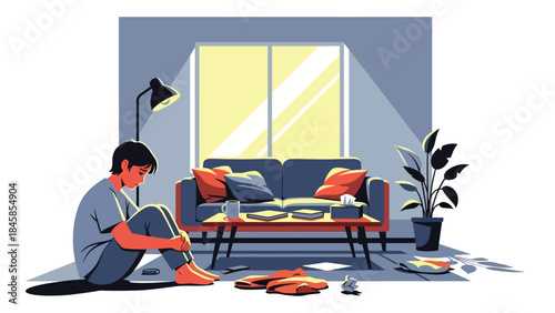 Depressed individual inside a modern apartment, flat vector illustration highlighting emotional isolation and mental health issues, ideal for awareness and healthcare design