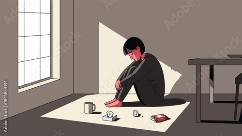 Depressed individual inside a modern apartment, flat vector illustration highlighting emotional isolation and mental health issues, ideal for awareness and healthcare design
