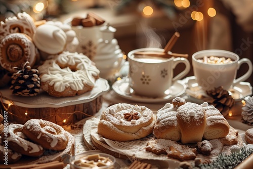 hyper realistic photo of homemade Christmas desserts on a kitchen table, gingerbread cookies