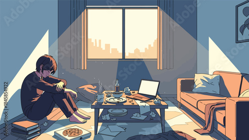Depressed individual inside a modern apartment, flat vector illustration highlighting emotional isolation and mental health issues, ideal for awareness and healthcare design