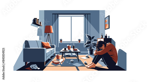 Depressed individual inside a modern apartment, flat vector illustration highlighting emotional isolation and mental health issues, ideal for awareness and healthcare design