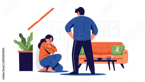 Symbolic domestic violence awareness scene inside a home, modern flat vector illustration addressing sensitive social issues, ideal for education and advocacy materials