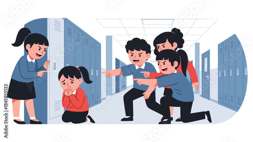 Child experiencing bullying in a school hallway, modern flat vector illustration raising social and emotional awareness, ideal for education and child protection themes
