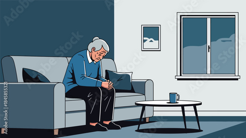 Elderly person sitting alone at home, modern flat vector illustration highlighting loneliness and aging society issues, ideal for social care and awareness projects