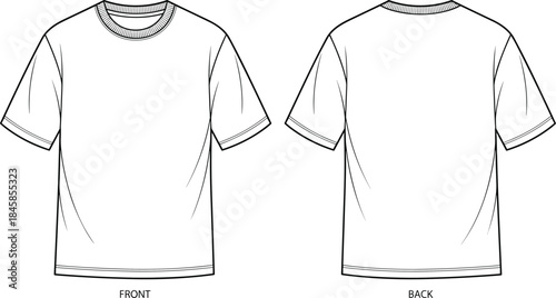 Short sleeve T-shirt technical sketch, front and back view, crew neck design, fashion flat drawing, garment template, minimal style