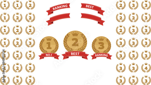Set of gold ranking medals and award icons with laurel wreaths and red ribbons for first second and third place winners.