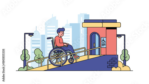Inclusive public space with accessibility features for people with disabilities, modern flat vector illustration promoting equality, ideal for inclusion and urban design topics
