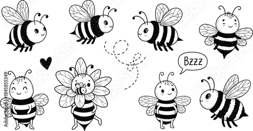 Whimsical cartoon bees buzzingch bubble, black and white, flat vector illustrationWhimsical cartoon bees buzzing, 