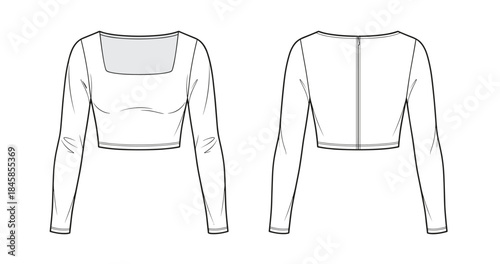 Cropped top technical sketch, front and back view, fashion flat drawing, garment design template, square neckline, zipper, fitted sleeve