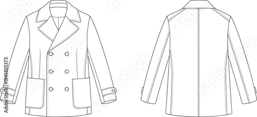 Double breasted coat technical sketch, front and back view, fashion flat drawing, garment design template, lapel, buttons, patch pockets