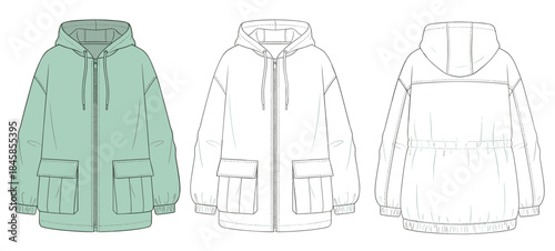 Hooded jacket technical sketch, front and back view, fashion flat drawing, garment design template, flap pockets, zipper, elastic cuffs