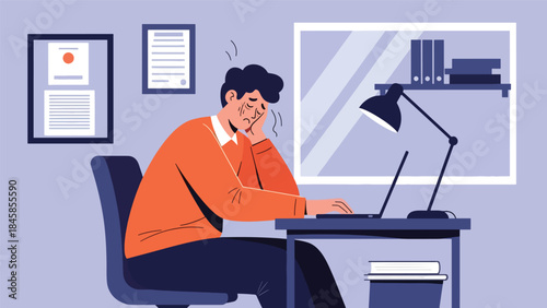 Exhausted employee working late in office, modern flat vector illustration addressing burnout and work pressure, ideal for workplace mental health topics