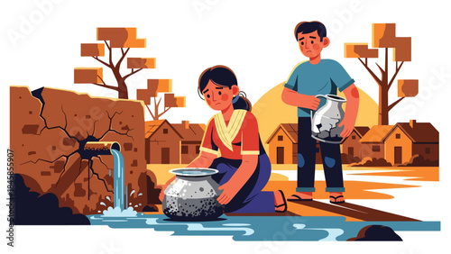 Rural villagers collecting limited water resources, modern flat vector illustration highlighting global water scarcity, ideal for humanitarian and environmental awareness
