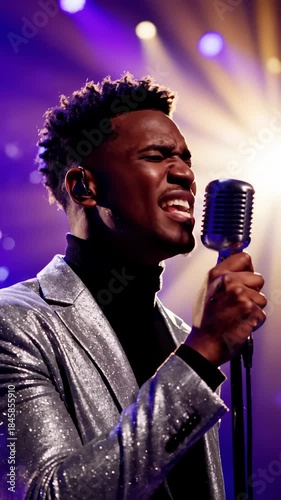 African American Singer Performing With Vintage Microphone on Stage