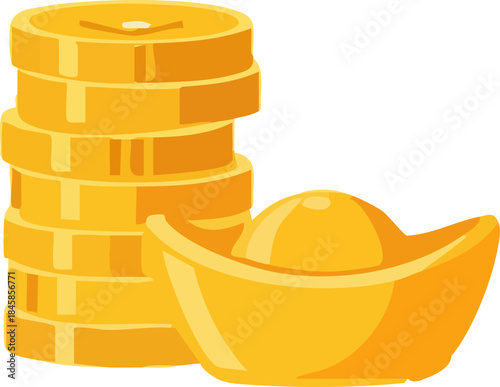 illustration shows a stack of shiny gold coins beside a traditional Chinese gold ingot against a, symbolizing wealth and prosperity.
