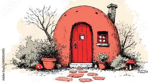 Enchanting Fairy House with Red Door - Whimsical Cartoon Illustration
