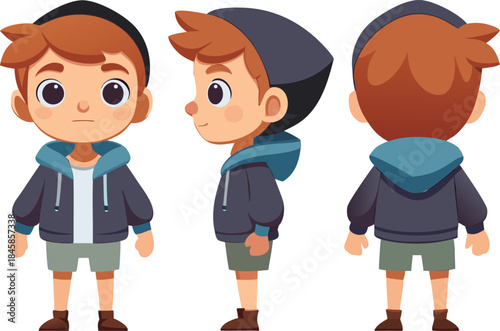 Young boy in hoodie and shorts shown from three different angles child casual