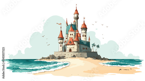 Majestic Castle Overlooking Beach Vector Illustration with Outline