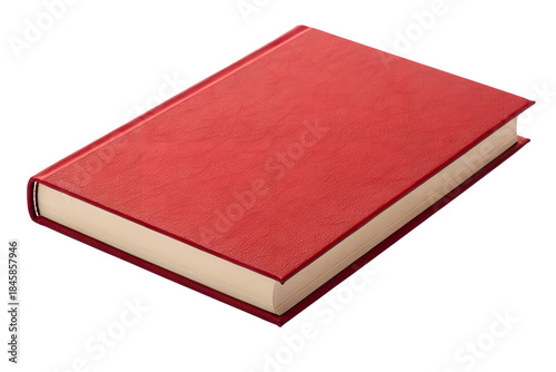 A closed, red, hardcover book rests on a white background, representing knowledge and education, ideal for academic or literary themes