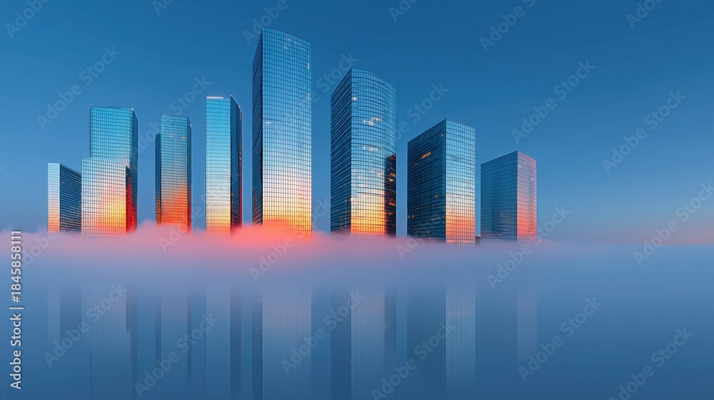 Fototapeta premium Futuristic city skyline of blue glass skyscrapers rising from glowing orange fog.