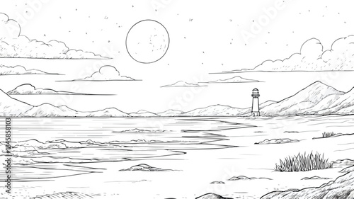 Moonlit Beach Scene Vector Illustration with Calm Ocean Waves at Night