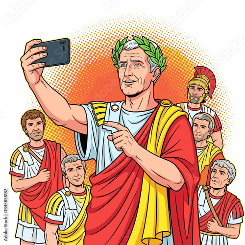 Julius Caesar taking group selfie with Roman characters, pop art vector illustration