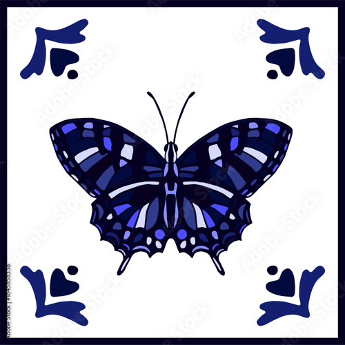 Vector symmetrical square decor with butterfly in ceramic tile style
