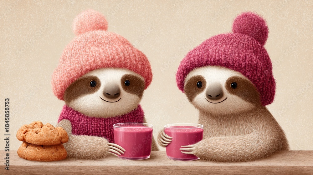 Fototapeta premium Two cute sloths wearing knitted hats and sweaters drink pink juice and eat cookies
