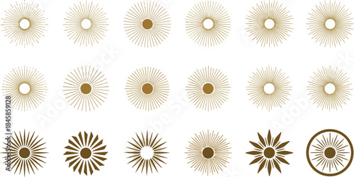 Set of golden sunburst and starburst vector icons with radial rays for vintage logo design and boho decoration templates.