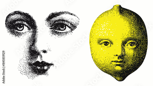 Vibrant Lemon Drawing with Playful Face Sketch - Professional Illustration for Graphic Design