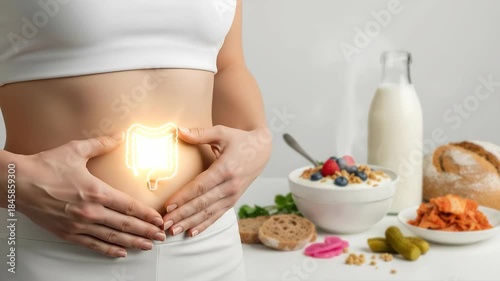 Woman touching abdomen with glowing small intestine illustration showing digestive health with probiotic foods for gut wellbeing