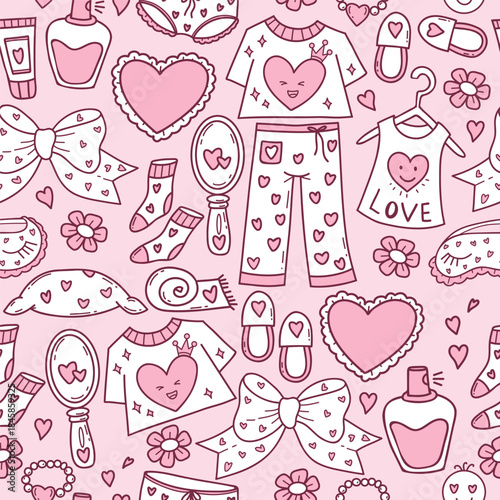 Romantic Pink Seamless Loungewear and Accessories Doodle Pattern. Pajamas, Lingerie, Mirror and Heart Love Symbol Repeating Background. Outline Valentines Day Template. Vector Illustration. Not AI