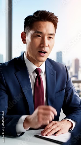 Asian Businessman Explaining and Gesturing During Meeting in Modern Office