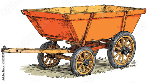 Vibrant Orange Wagon with Wheels and Wheelbarrow Vector Drawing