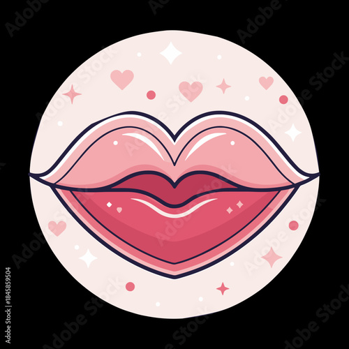 Cartoon illustration of lips with hearts and sparkles. Romantic vector icon for Valentine's Day. Pop art style sticker design