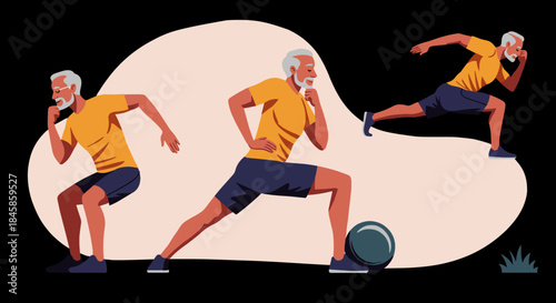 An active elderly man exercising. Senior fitness, workout, and healthy lifestyle concept. Flat design vector illustration set isolated on a background