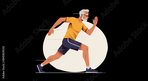 Vector illustration of a fit senior man running. Active aging and healthy lifestyle concept. Flat design character isolated on black background