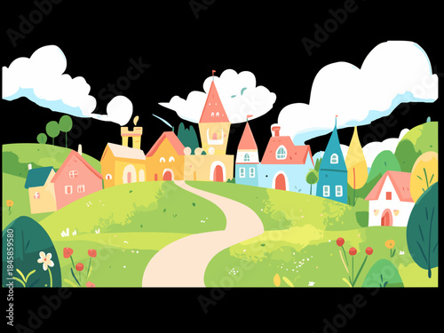 A whimsical cartoon illustration of a fairytale village on a hill. Colorful town landscape with houses and a winding path. Flat design vector graphic for children's storybooks