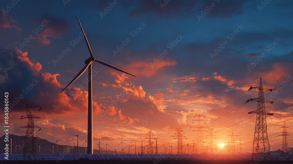 Obraz premium Wind turbine with solar panels at sunset, symbolizing clean energy. Concept of renewable energy supply, eolic turbines, power generation, energy transmission, and high-voltage distribution. 