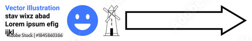 Renewable energy, progress, positivity, navigation, sustainability, direction. Blue happy face, windmill and black arrow pointing right. Renewable energy and progress concept