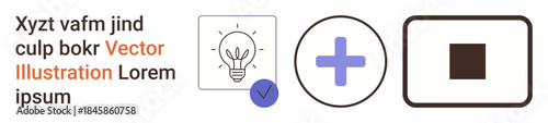 Innovation, healthcare, decision making, productivity, design, minimalism. Lightbulb, plus sign checkbox and square symbols. Innovation and healthcare through clear graphical elements