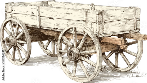 Detailed Drawing of Wooden Wagon with Wheels and Wooden Wheel