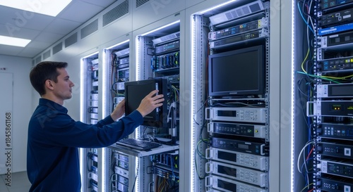 Plakat Man engineer working with server rack. Data center infrastructure maintenance for network and cloud computing. IT support and service concept.
