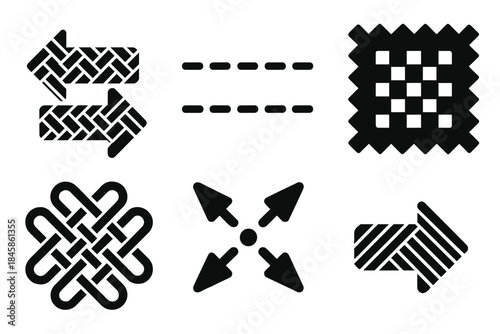 Textile Guidance Icons. Solid style icons of textile guidance tools: woven arrows, stitched lines, fabric grids, interlaced