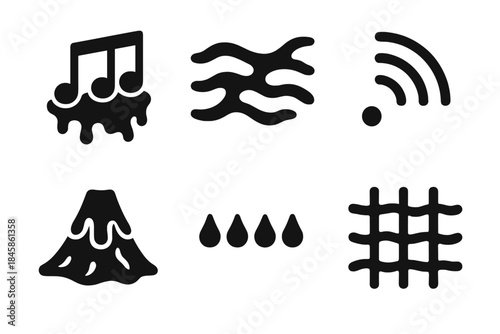 Lava Rhythm Icons. Solid style icons of lava-flow rhythm notation: flowing notes, molten lines, pulse arcs, volcanic sheets,