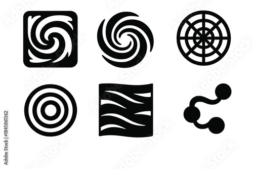 Abstract Liquid Icons. Solid style icons of liquid scene composition: swirling frames, vortex outlines, spiral grids, ripple