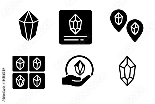 Crystal Catalog Icons. Solid style icons of crystal sample cataloging: faceted gems, archive panels, catalog markers, specimen